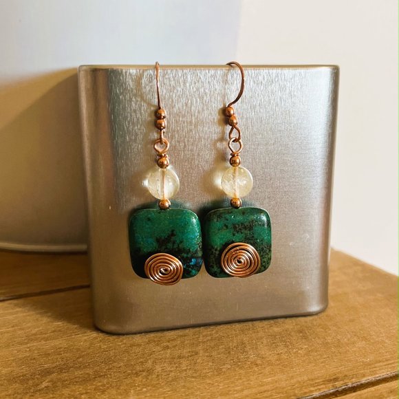Chrysocolla and Citrine with Copper Genuine Gemstone Earrings, Handmade Original - Picture 2 of 4